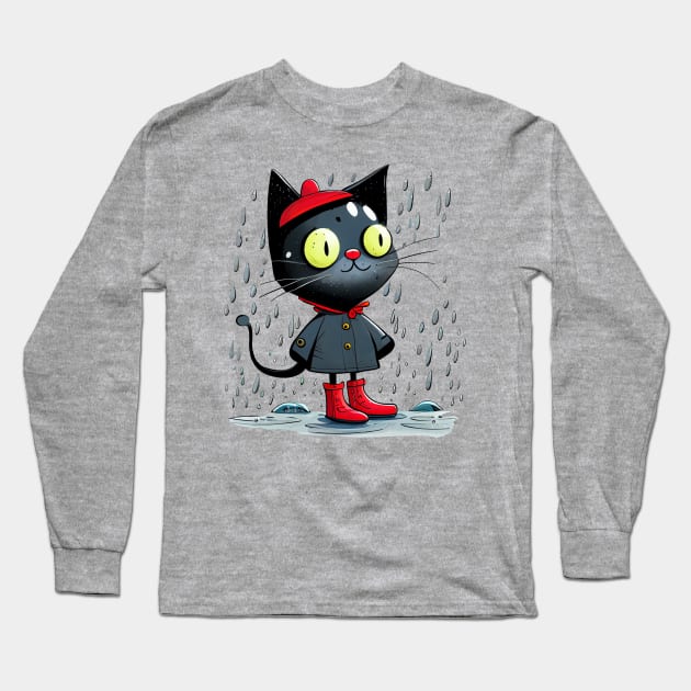 Black Cat Walksin the Rain Long Sleeve T-Shirt by KOTOdesign